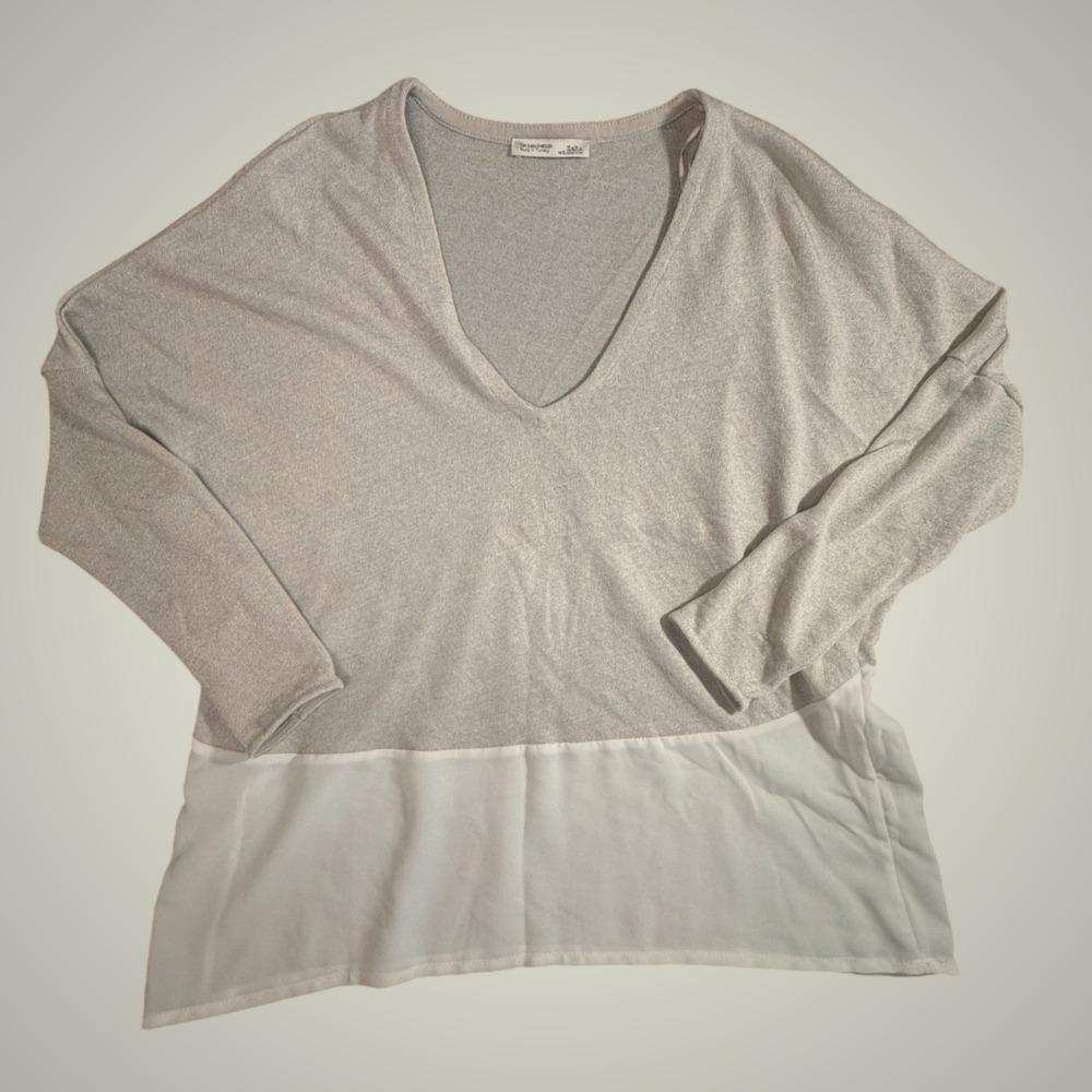 Zara V-Neck Top Silver White Metallic Mixed Media Minimalist Boho Small